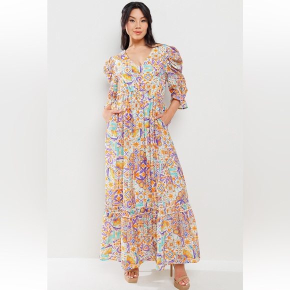 73 Boho Back Tie Detailed V-Neck Tiered Maxi Dress - Picture 2 of 7